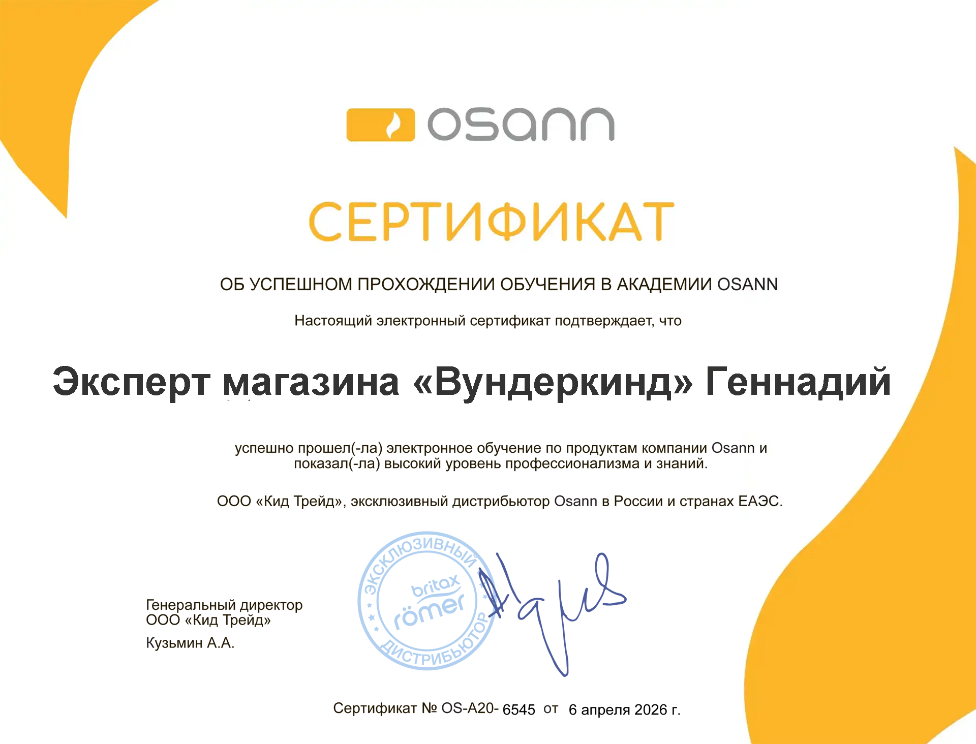 сертификат обучения в академии Osann 2026
