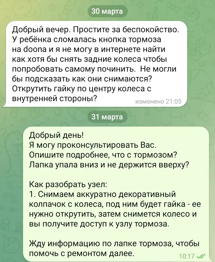 Техпомощь велосипед Doona Якутск (скрин переписки)